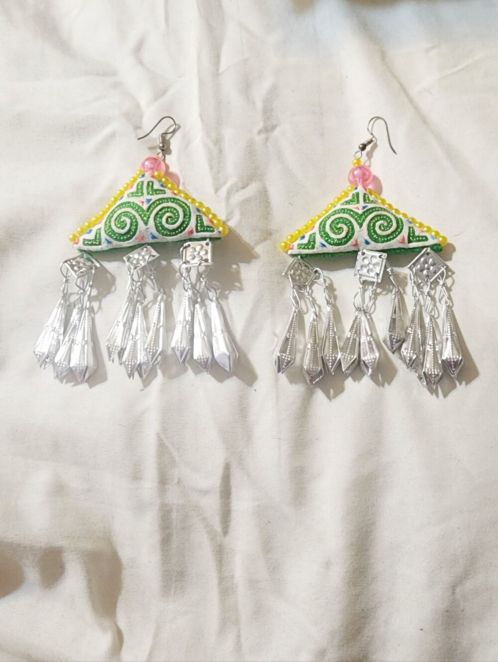 Handcrafted Green & Yellow Embellished Dangle Earrings